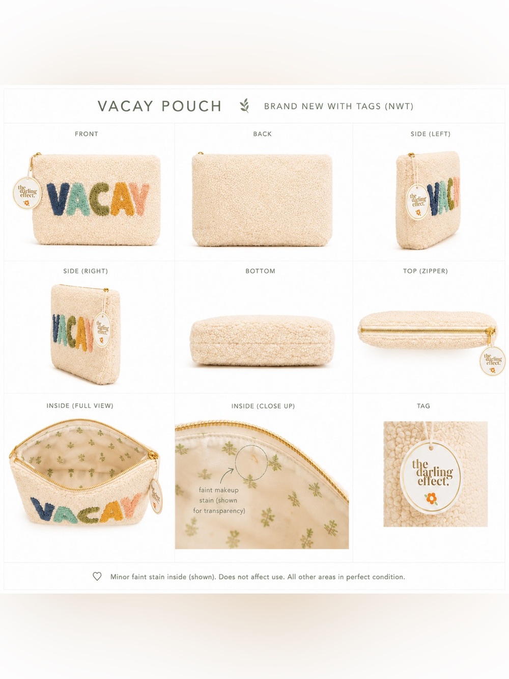☀️NWT The Darling Effect VACAY Teddy Sherpa Zipper Pouch Cosmetic Bag - Picture 5 of 7